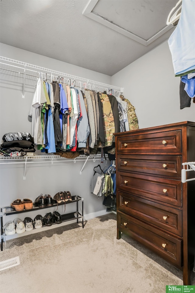 walk in closet featuring attic access and carpet floors