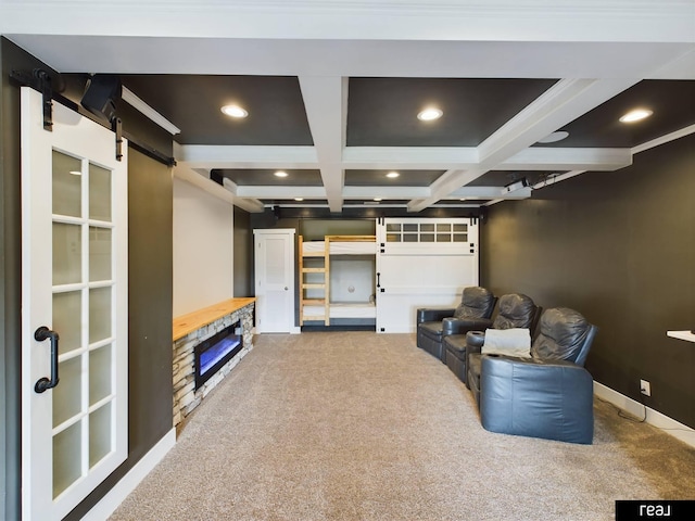 interior space featuring coffered ceiling, beamed ceiling, carpet, and recessed lighting