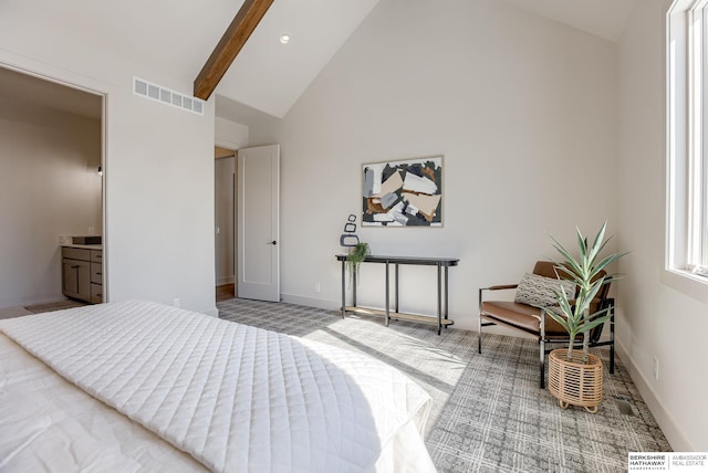 6511 Garvin St, Omaha, NE 68152 - bedroom with baseboards, carpet flooring, visible vents, high vaulted ceiling, and beam ceiling
