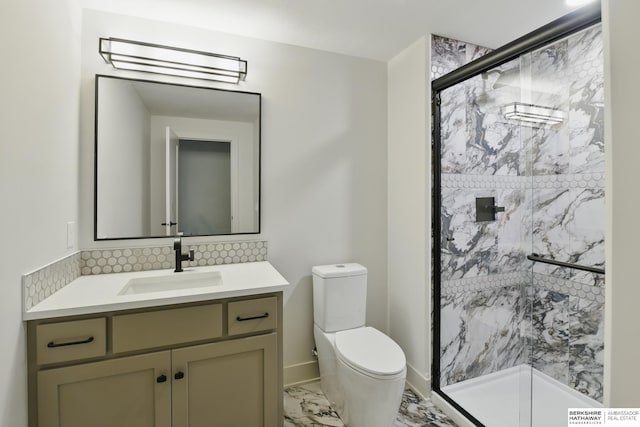 6511 Garvin St, Omaha, NE 68152 - bathroom with toilet, marble finish floor, vanity, a marble finish shower, and backsplash