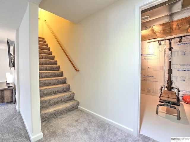 stairs with baseboards and carpet floors