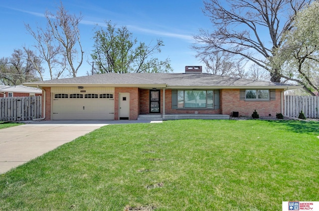 ranch-style house featuring an attached garage, concrete driveway, fence, and brick siding