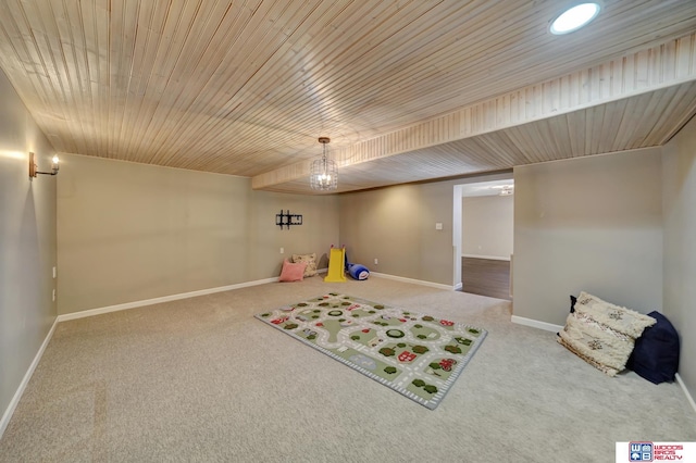 playroom with baseboards, wooden ceiling, and carpet flooring