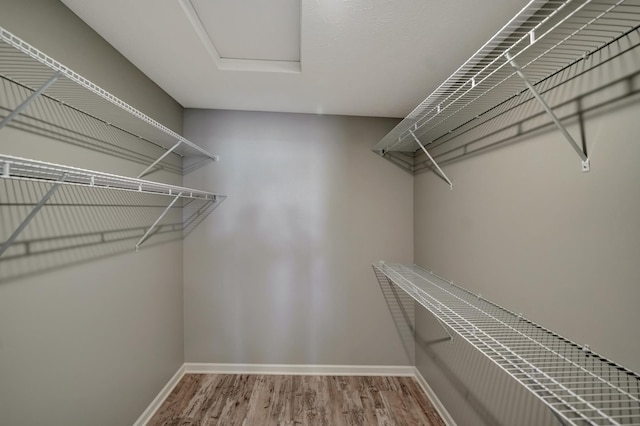 spacious closet with attic access and wood finished floors