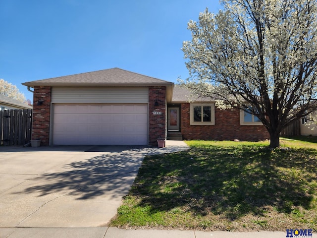 ranch-style house featuring brick siding, concrete driveway, and a garage
