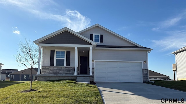 11502 Port Royal Dr, Papillion, NE 68046 - view of front of house featuring a front yard, a porch, stone siding, a garage, and driveway