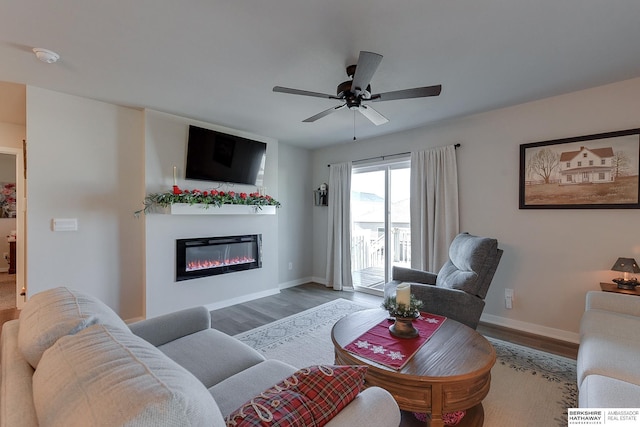 living room with a glass covered fireplace, baseboards, and wood finished floors