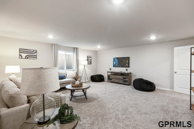 6308 Harvest Dr, Papillion, NE 68157 - carpeted living room featuring baseboards, visible vents, and recessed lighting
