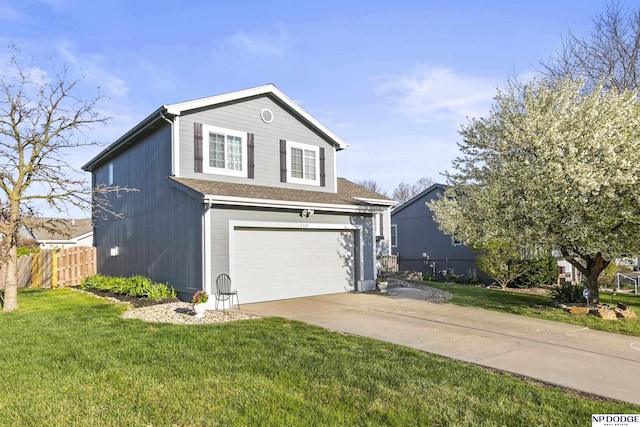 view of front of property with concrete driveway, a garage, and a shingled roof