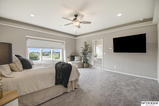bedroom featuring ceiling fan, baseboards, carpet, and recessed lighting
