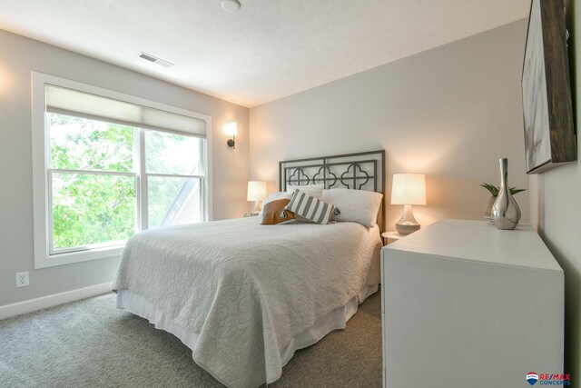 bedroom featuring visible vents, carpet flooring, and baseboards