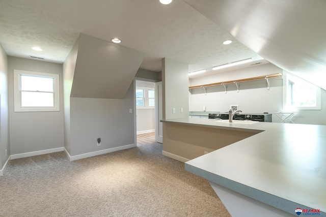 additional living space with a sink, carpet floors, baseboards, visible vents, and recessed lighting