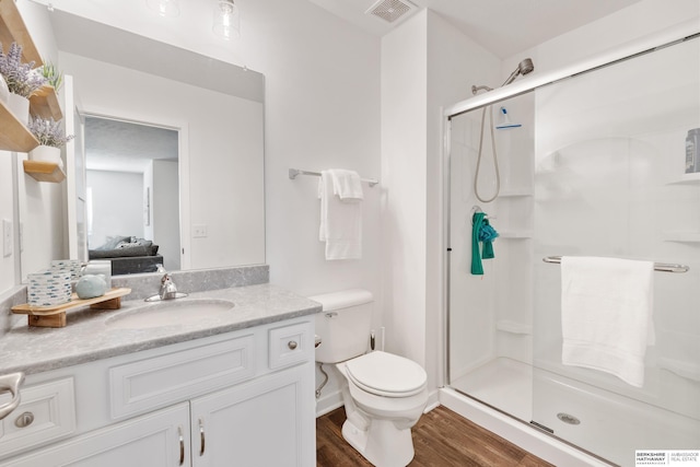 6315 N Hws Cleveland Blvd, Omaha, NE 68116 - bathroom featuring a shower stall, wood finished floors, visible vents, toilet, and vanity