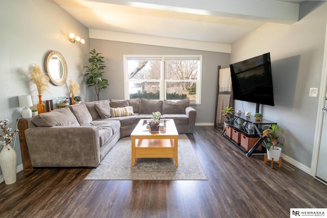 living room featuring beamed ceiling, baseboards, and dark wood-style flooring