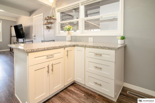 interior space featuring baseboards, light stone counters, and dark wood-style floors