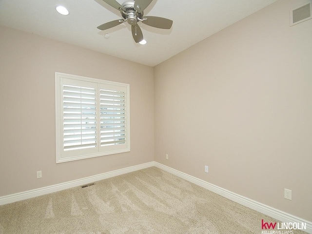 unfurnished room featuring ceiling fan, visible vents, baseboards, carpet floors, and recessed lighting
