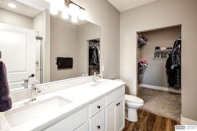 bathroom featuring a walk in closet, a sink, double vanity, and toilet