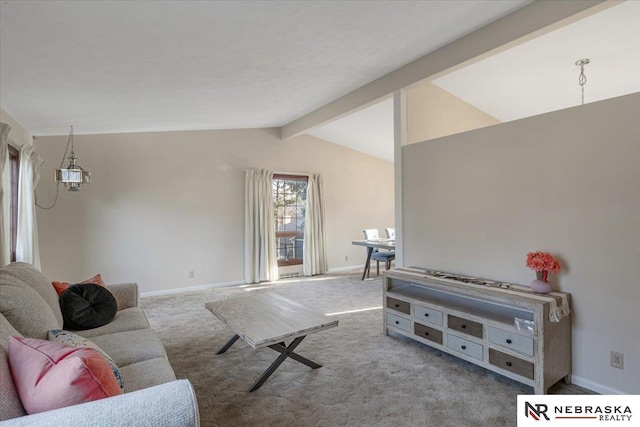 living room with carpet floors, vaulted ceiling with beams, and baseboards