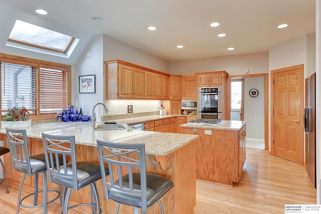 kitchen featuring a sink, a skylight, appliances with stainless steel finishes, a peninsula, and recessed lighting