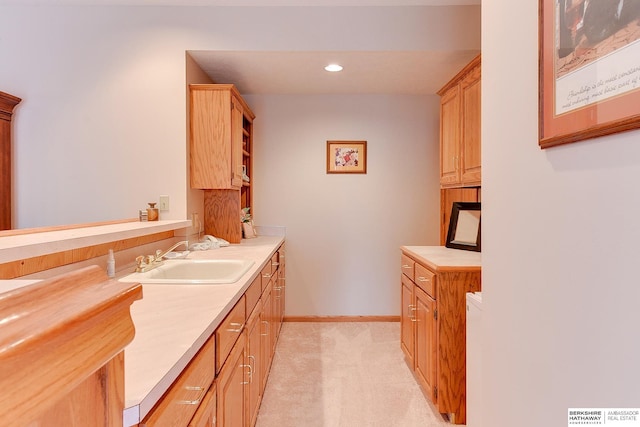 bathroom with recessed lighting, baseboards, and vanity