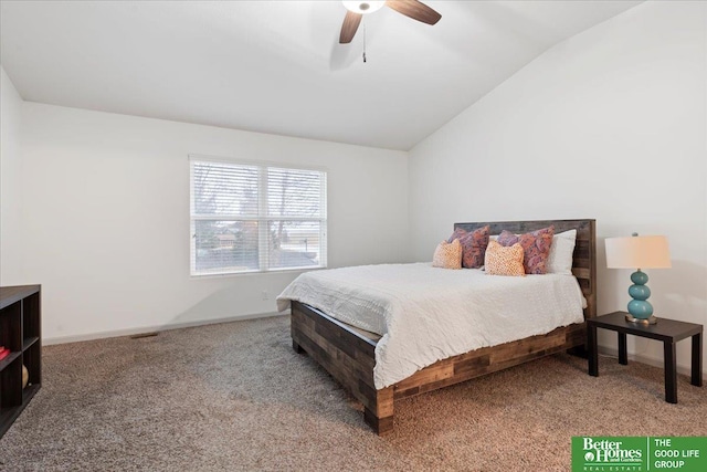 bedroom featuring lofted ceiling, carpet flooring, baseboards, and ceiling fan