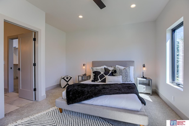 bedroom featuring recessed lighting, baseboards, and light carpet