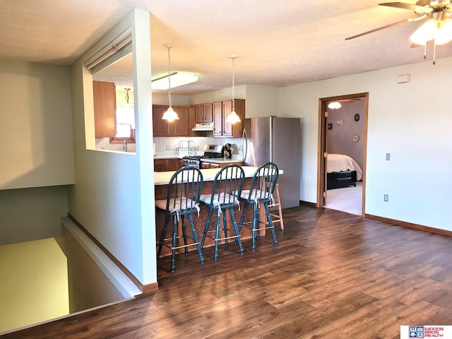 1321 Frances St, Goehner, NE 68364 - kitchen featuring stainless steel appliances, dark wood-style floors, under cabinet range hood, and ceiling fan