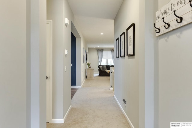hall featuring recessed lighting, baseboards, visible vents, and carpet