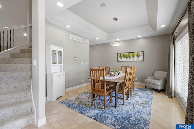 dining area with baseboards, visible vents, recessed lighting, stairs, and light tile patterned floors