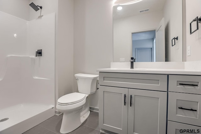 full bathroom featuring a stall shower, vanity, toilet, tile patterned flooring, and visible vents
