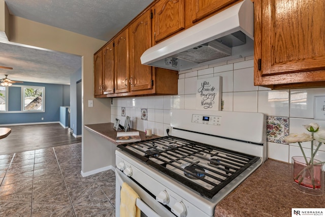 2725 Monroe St, Omaha, NE 68107 - kitchen featuring brown cabinets, backsplash, baseboards, under cabinet range hood, and gas range gas stove