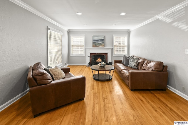 living room featuring a brick fireplace, crown molding, baseboards, and wood finished floors