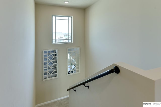 stairway with baseboards and carpet floors