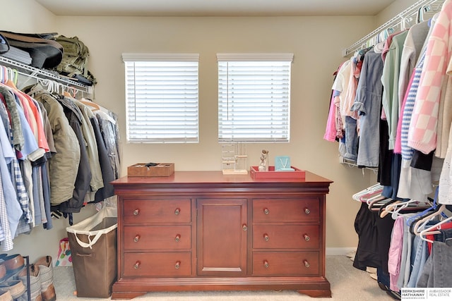 walk in closet with light carpet