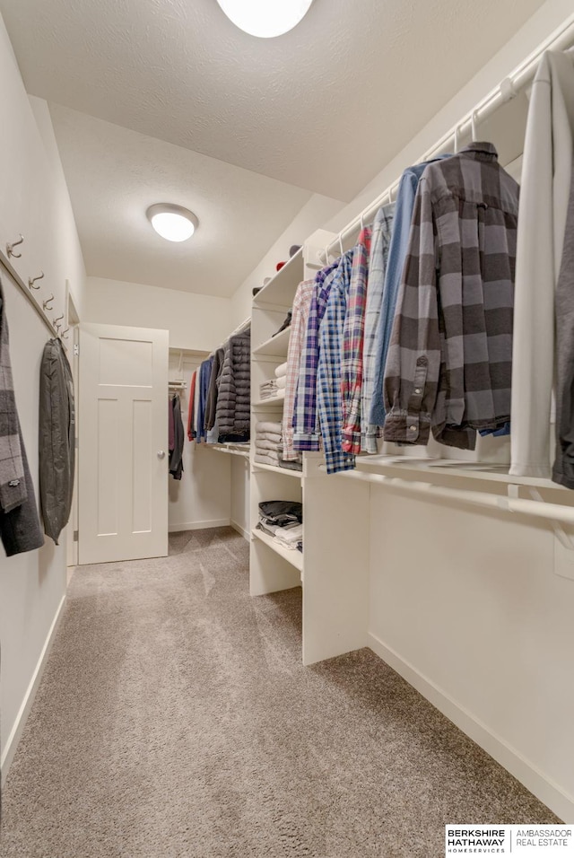 walk in closet with light colored carpet