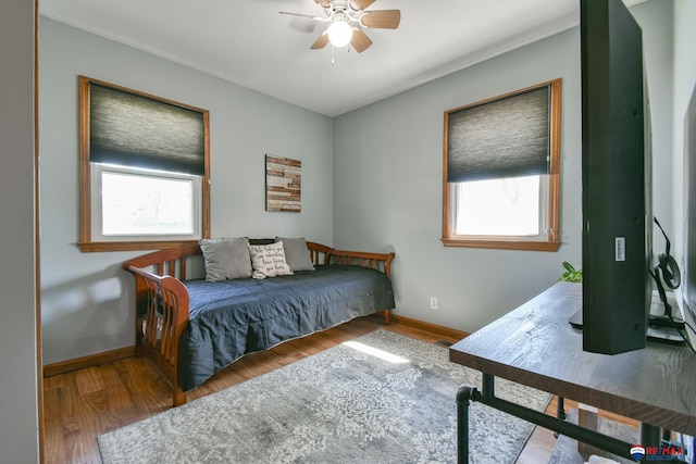 bedroom featuring wood finished floors, baseboards, and multiple windows