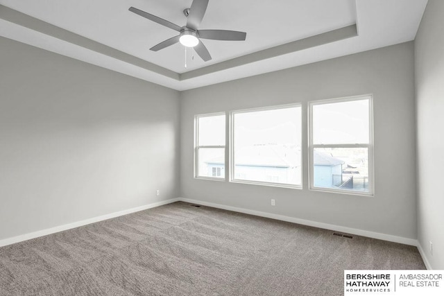spare room with a raised ceiling, carpet, visible vents, and baseboards
