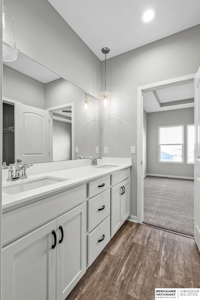bathroom with baseboards, wood finished floors, a sink, and double vanity