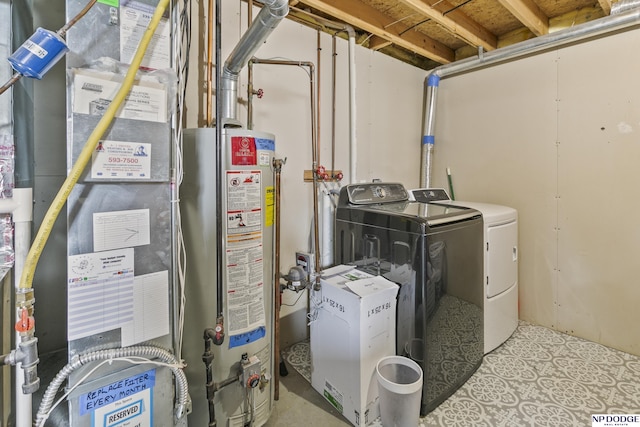 washroom featuring heating unit, water heater, and washer and clothes dryer