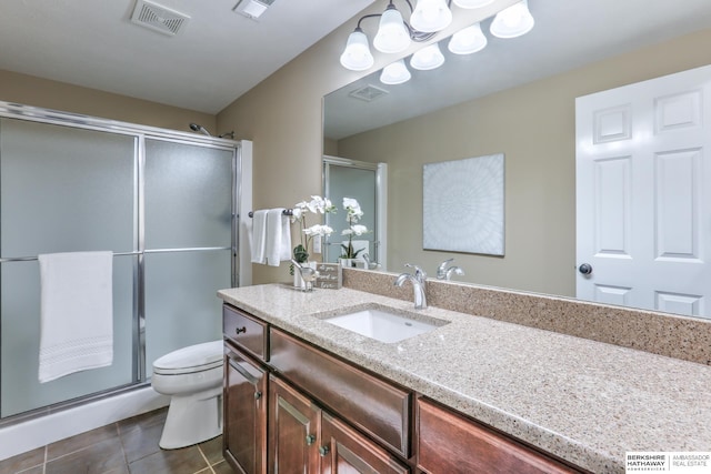 bathroom with tile patterned flooring, a stall shower, toilet, and visible vents