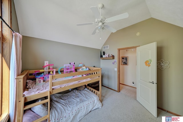 bedroom with vaulted ceiling, light carpet, baseboards, and a ceiling fan
