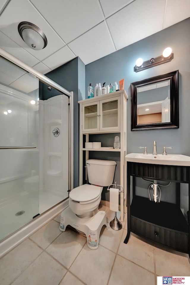 bathroom with a stall shower, toilet, tile patterned flooring, and vanity