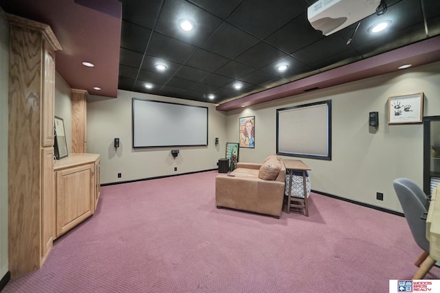 carpeted cinema room featuring baseboards and recessed lighting