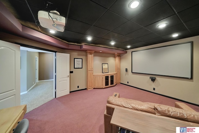 cinema with carpet flooring, ornate columns, recessed lighting, and baseboards