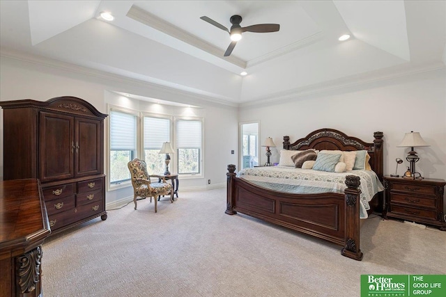 5850 Country Squire Plz, Omaha, NE 68152 - bedroom featuring light carpet, a raised ceiling, multiple windows, recessed lighting, and baseboards