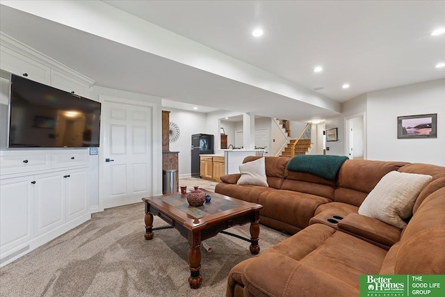 5850 Country Squire Plz, Omaha, NE 68152 - living room featuring stairway, recessed lighting, and light carpet