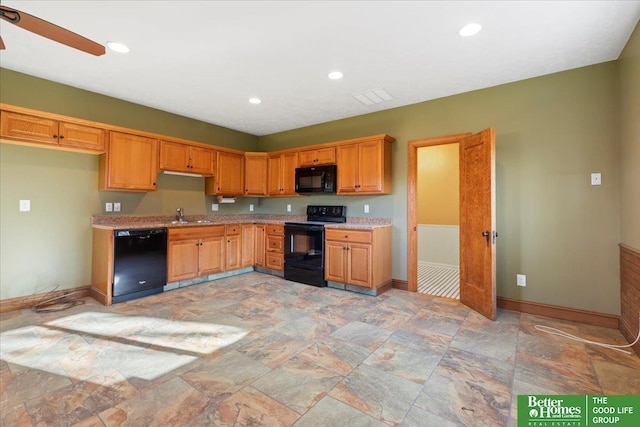 5850 Country Squire Plz, Omaha, NE 68152 - kitchen featuring black appliances, baseboards, light stone finish flooring, recessed lighting, and a ceiling fan