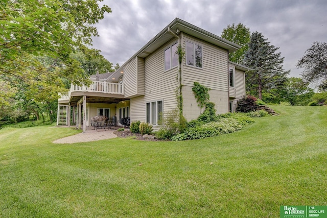 5850 Country Squire Plz, Omaha, NE 68152 - rear view of house featuring a patio, stairs, a deck, and a lawn