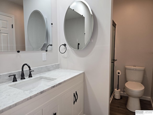 bathroom featuring toilet, vanity, and wood finished floors