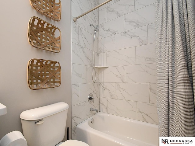 bathroom with toilet and shower / bathtub combination with curtain